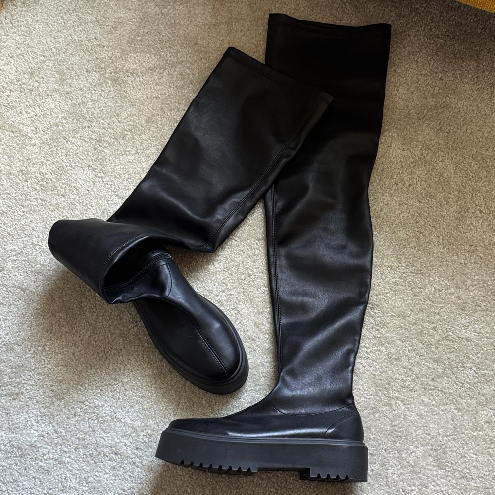 Black leather wide calf Over-the-Knee Boots 8